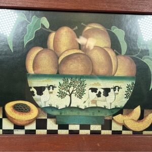 1996 SIGNED Diane Ulmer Pedersen Cows/Peaches Primitive Framed Folk Art Print